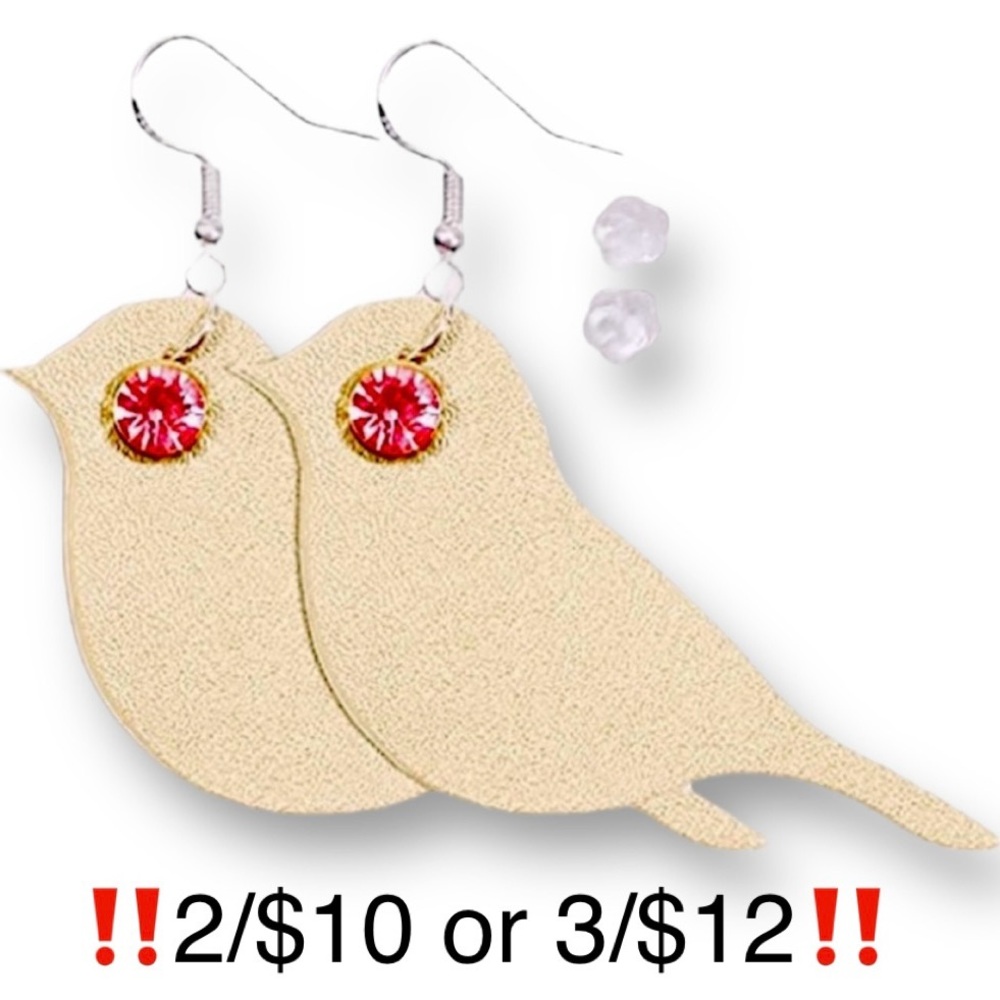 Golden Bird Earrings Pink Jewels Faux Leather Alloy Dangling Novelty Earrings